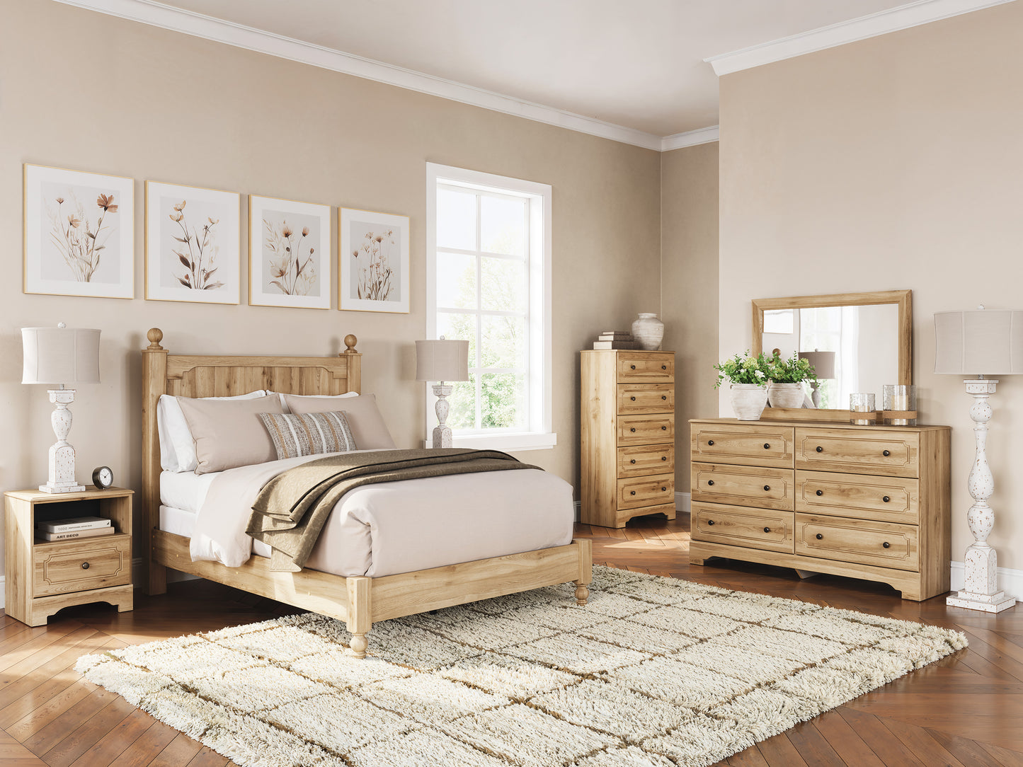 PCB1075 Queen bed, dresser, mirror, chest, (1)nightstand