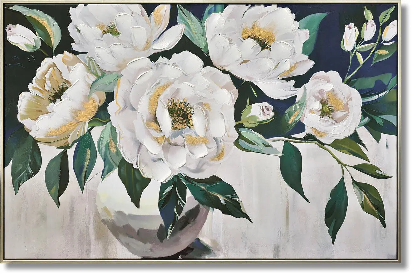 WF2758 "Opulent Ivory Peonies in Gold" Hand-painted Canvas in Frame