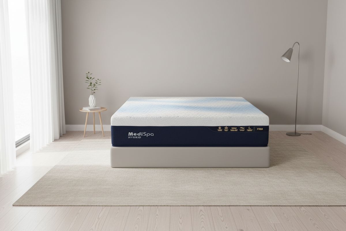 A Medispa mattress on a low bed frame in a bright, modern bedroom with light wood floors, a beige rug, a small side table, and a floor lamp.