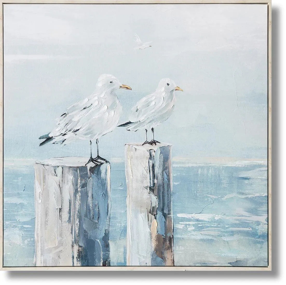 FC2828 "Shoreline Serenity: Seagulls on Weathered Poles" Hand-painted Canvas in Frame