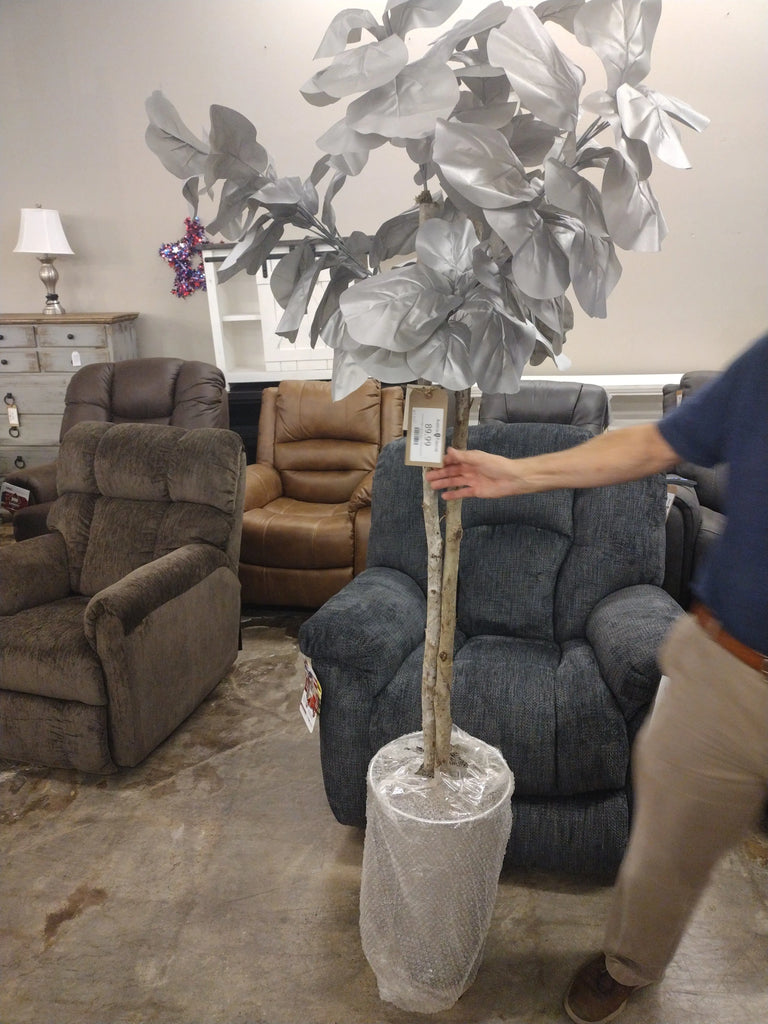 7' Silver Fiddle Leaf Fig Tree in Tall Round Silver Metal Planter 7221045 D W Silks
