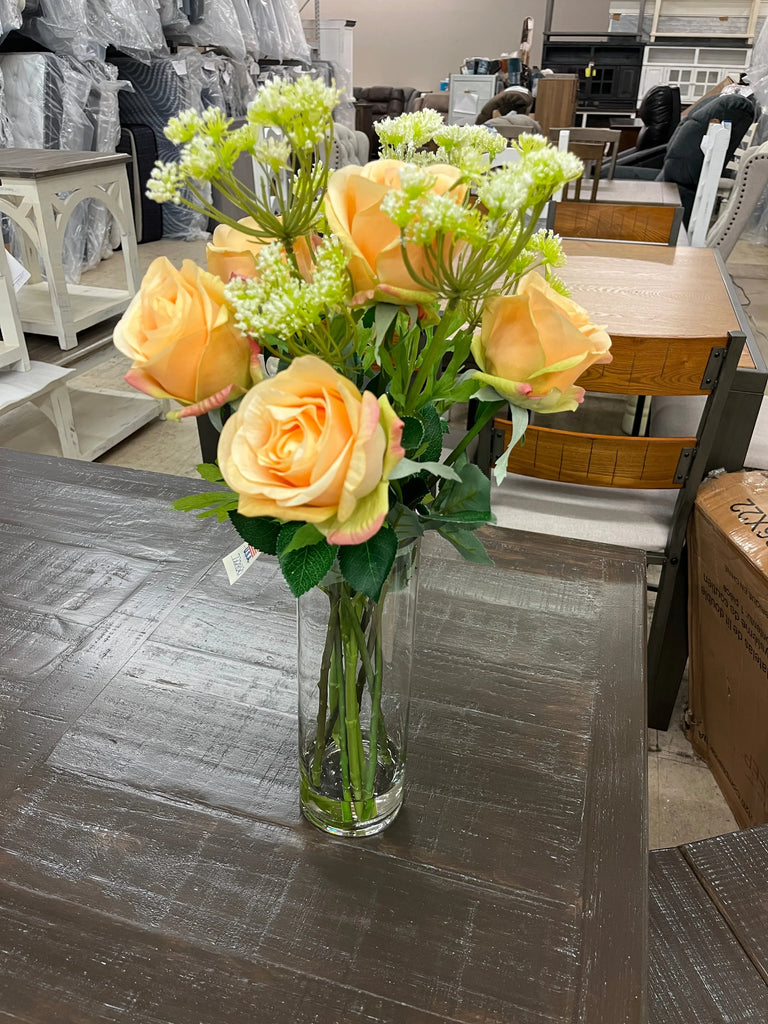 Yellow Roses W/Queen Anne Lace In Glass Cylinder 7229020 D W Silks