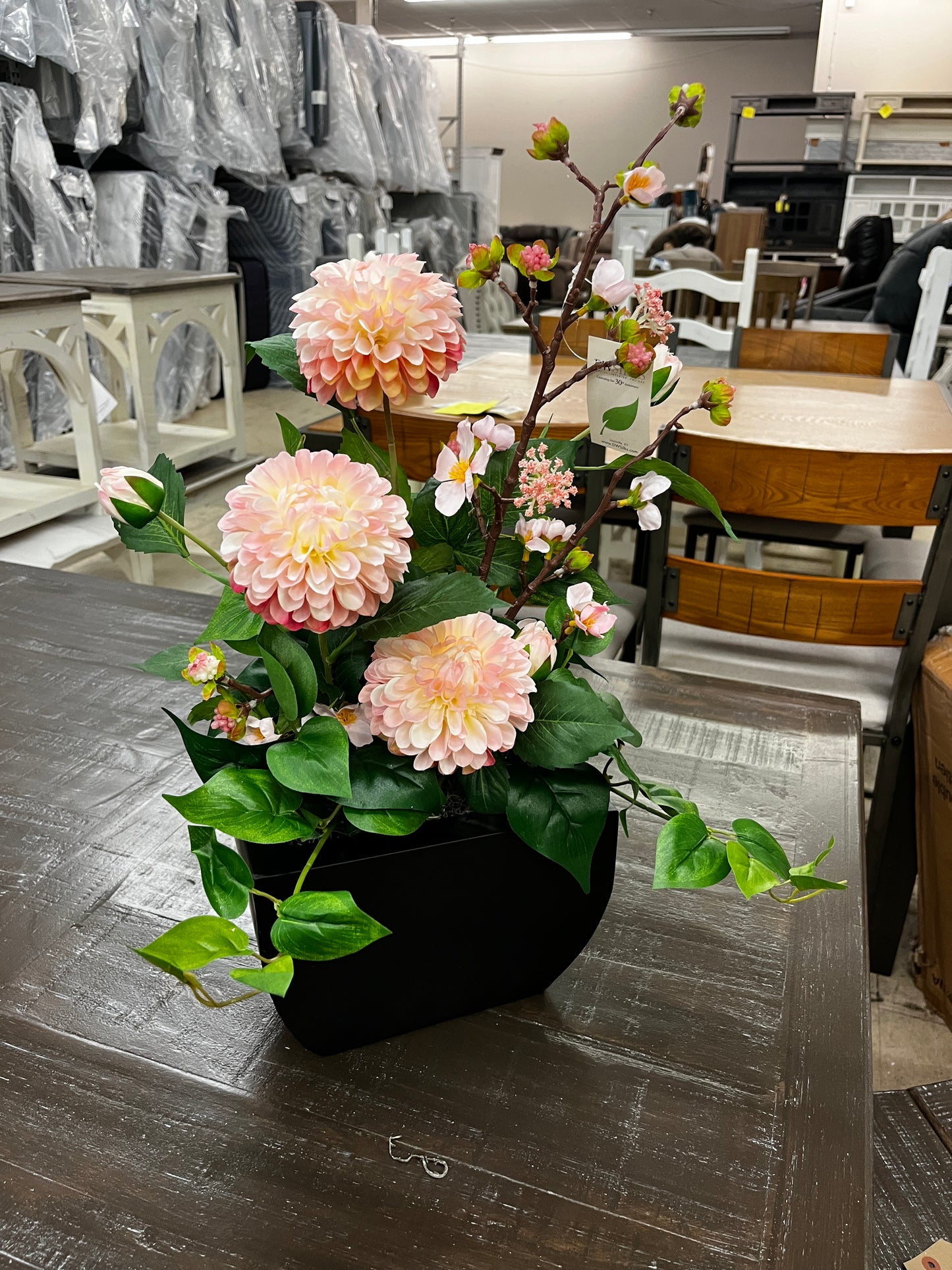 Pink Cherry Blossom and Pink Dahlias in Black Small Metal Planter 7227016