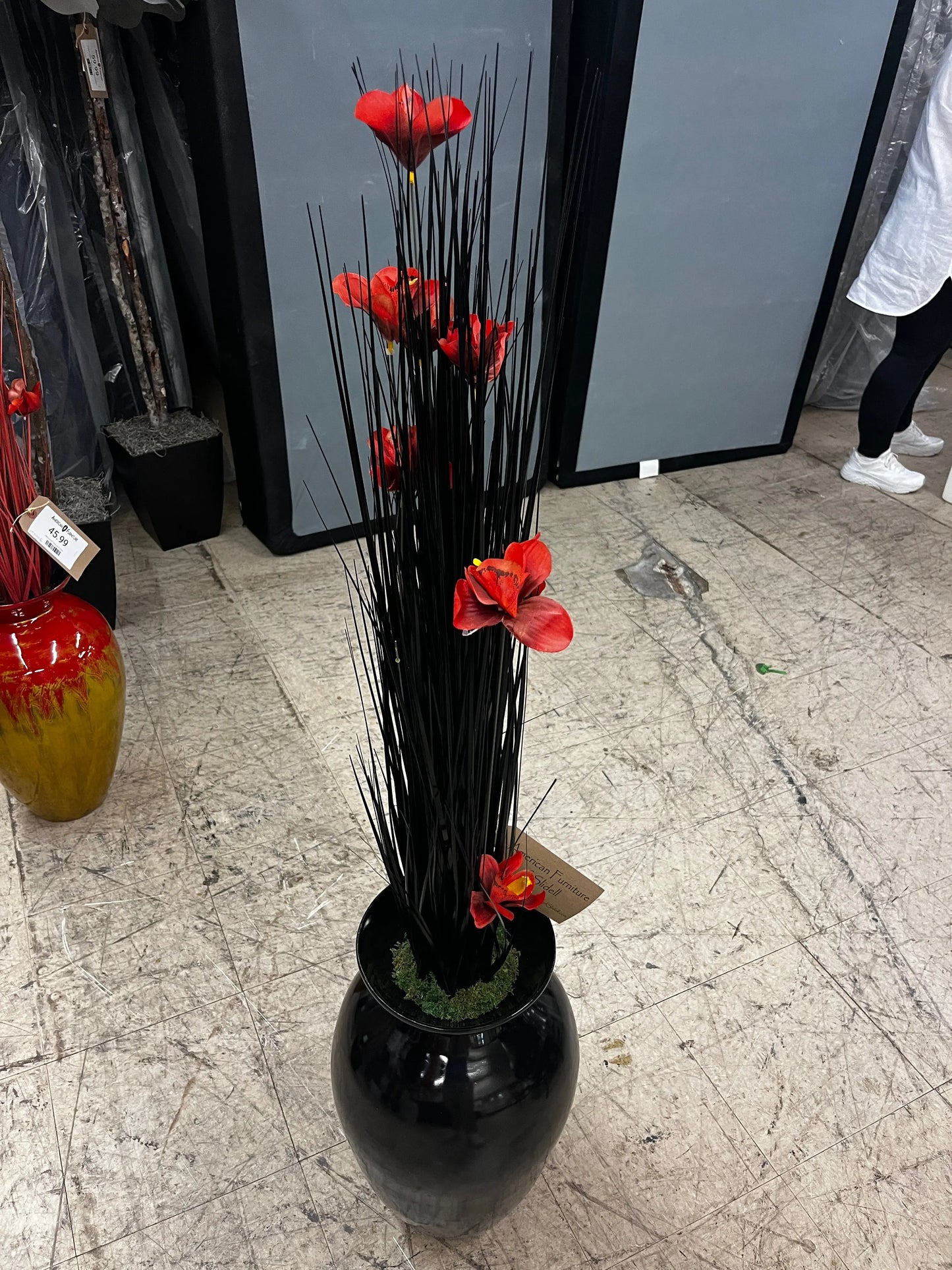 Black Ting and Spun Bamboo Vase With Red Orchid Blossoms 155009 D W Silks