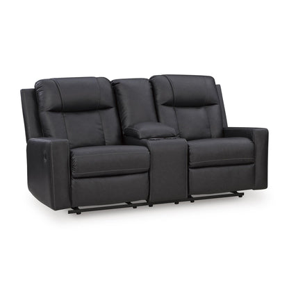 Benchcraft Mackmenville Reclining Leather Look Loveseat with Console 7471394 - American Furniture of Slidell