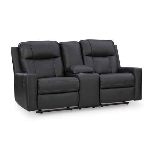 Benchcraft Mackmenville Reclining Leather Look Loveseat with Console 7471394 - American Furniture of Slidell