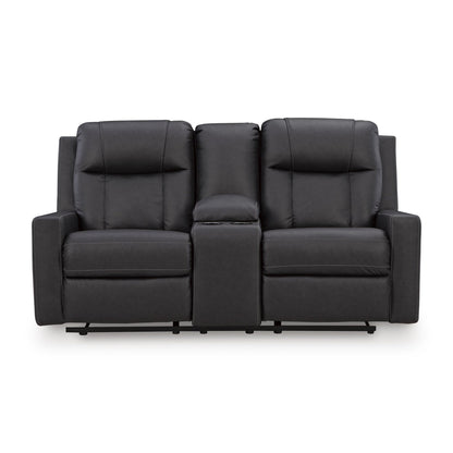 Benchcraft Mackmenville Reclining Leather Look Loveseat with Console 7471394 - American Furniture of Slidell