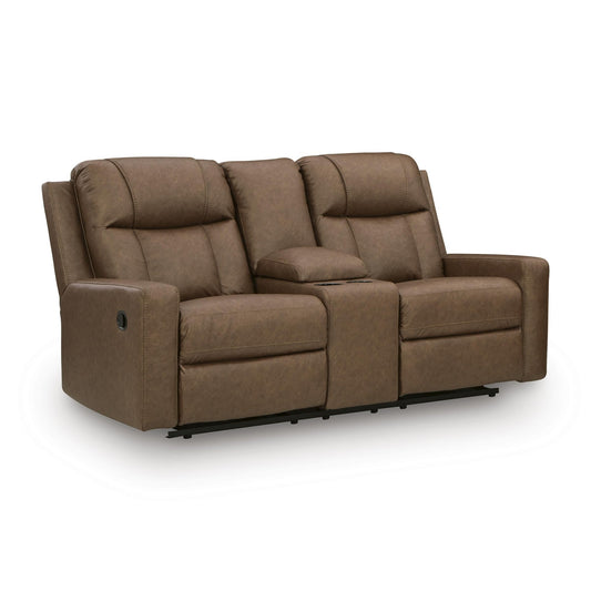 Benchcraft Mackmenville Reclining Leather Look Loveseat with Console 7471494 - American Furniture of Slidell