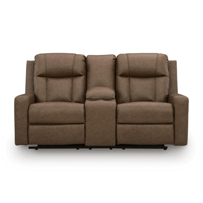 Benchcraft Mackmenville Reclining Leather Look Loveseat with Console 7471494 - American Furniture of Slidell