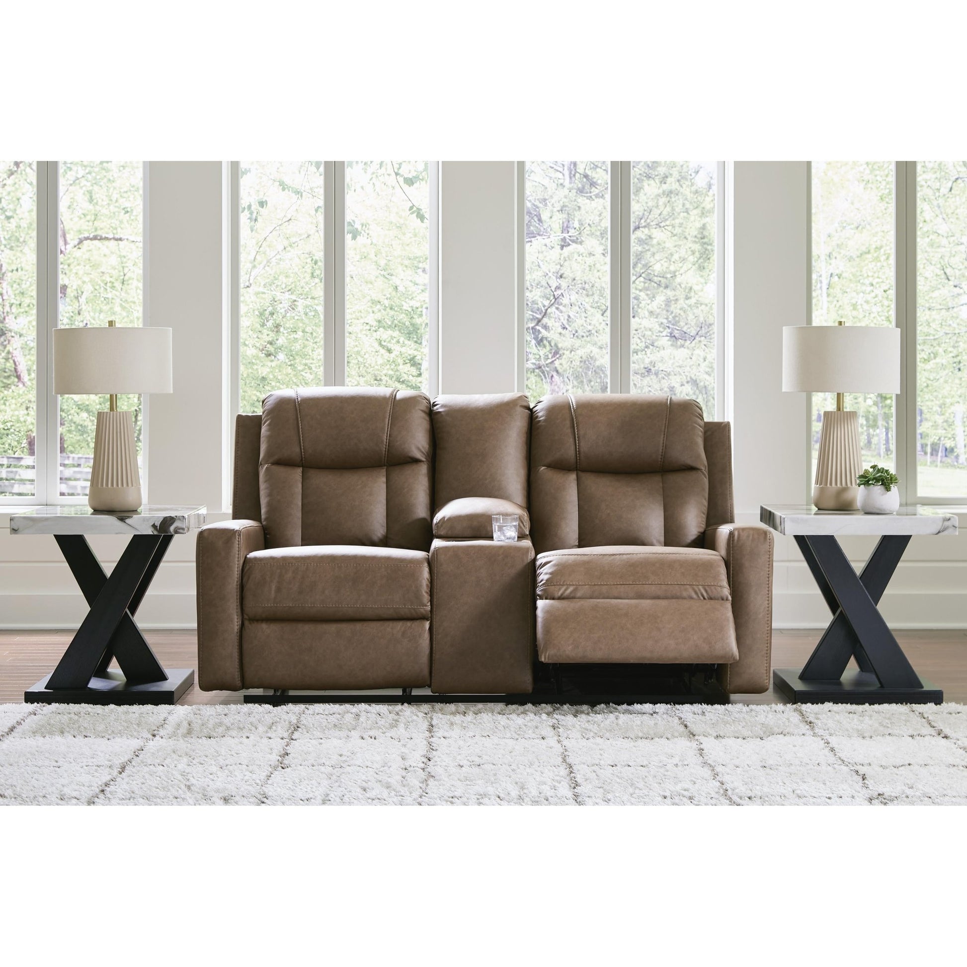 Benchcraft Mackmenville Reclining Leather Look Loveseat with Console 7471494 - American Furniture of Slidell