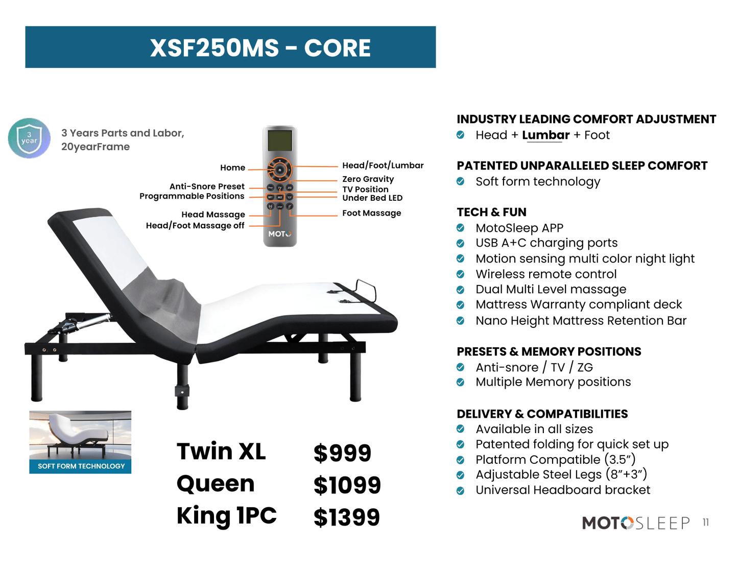 Core Adjustable Base XSF250MS Twin XL