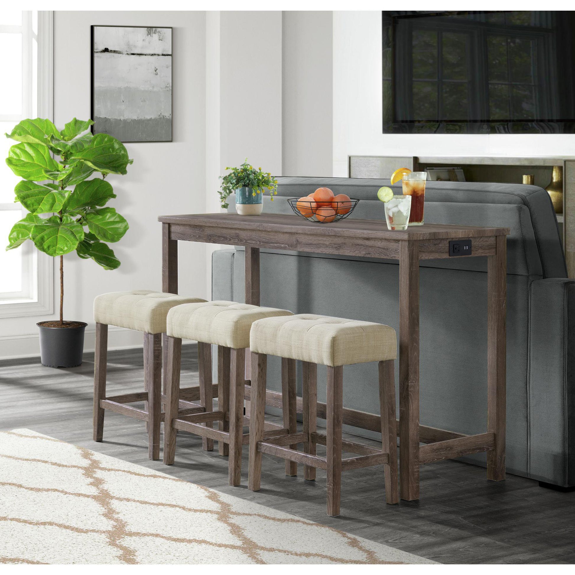 Elements International Oak Lawn Grey Bar Table Single Pack (Table + 3 Tan Fabric Stools) - American Furniture of Slidell