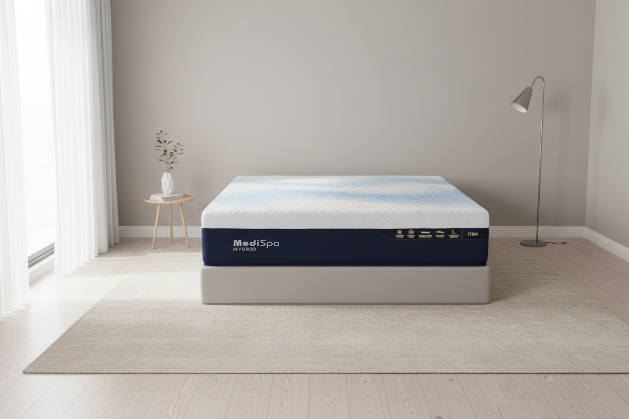 A Medispa mattress on a low bed frame in a bright, modern bedroom with light wood floors, a beige rug, a small side table, and a floor lamp.